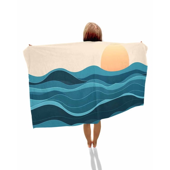 Teal Waves Beach Towels Oversized Super Absorbent, Watercolor Sun Turquoise Ombre Lightweight Bath Towel Quick Dry Sets For Bathroom/Pool/Rv Camping/Beach Play/Gym Room/Picnic 31"x62"