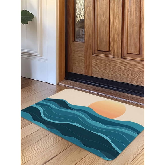 Teal Waves Door Mat&nbsp;Indoor Outdoor Entrance, Non Slip Rug for Kitchen Bathroom Entryway Rug, Watercolor Sun Turquoise Ombre Washable Doormat Floor Mat for Office Home Decor 24x36 Inch