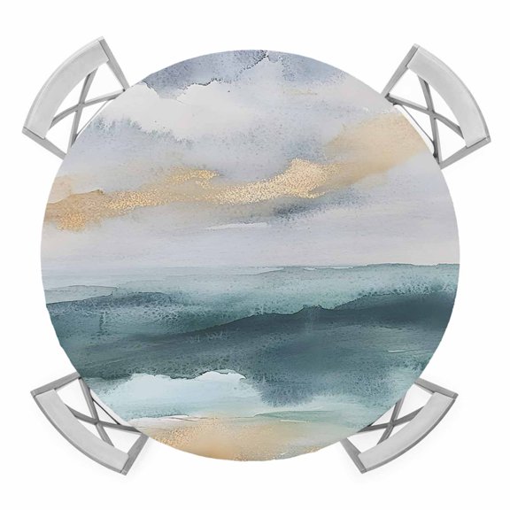 Teal Waves Elastic Fitted Round Table Cover Modern Abstract Art Waterproof Outdoor Tablecloth for Holiday Party, Picnic, Patio & Dining Fits Tables Up to 36"-44"