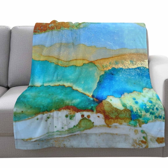 Teal Waves Fleece Throw Blanket Lightweight Retro Abstract Watercolor Green Blue Gold Lines Fuzzy Flannel Throws Super Soft Cozy Flannel Blanket for Couch, Sofa, Bed, Travel 50"x60"