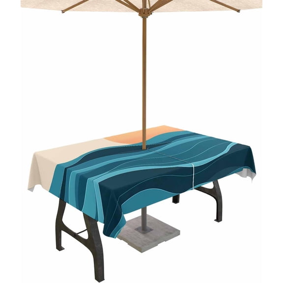 Teal Waves Outdoor Tablecloth with Umbrella Hole Rectangle, Watercolor Sun Turquoise Ombre Waterproof Table Cloth Washable Wipeable Cover Spill Proof for Patio Spring Summer Picnic BBQ 60"x84"