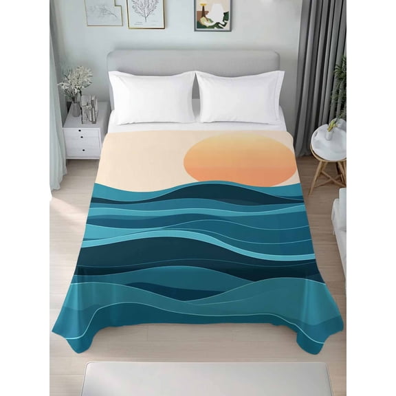 Teal Waves Queen Size Flat Sheet, Wrinkleproof & Fadeproof Cooling Flat Bed Sheet Only, Watercolor Sun Turquoise Ombre Breathable Soft Bedding Top Sheets 90 x 102 Inches