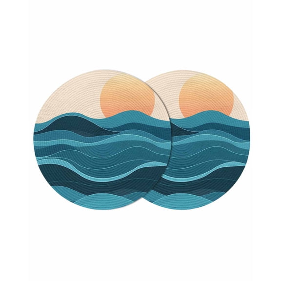 Teal Waves Round Placemats Set of 2 for Dinning Tables,Heat-proof Braided Table Mats 13 Inch,Watercolor Sun Turquoise Ombre Washable Place Mat for Kitchen Restaurant Party Decor Table Setting