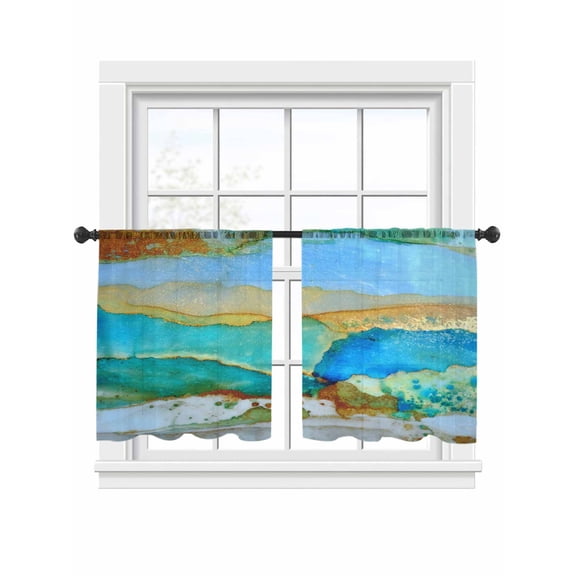 Teal Waves Sheer Curtains 2 Panels Set Retro Abstract Watercolor Green Blue Gold Lines Sheer Window Curtains Light Filtering Rod Pocket Voile Drapes for Bedroom Living Room 52"x54"