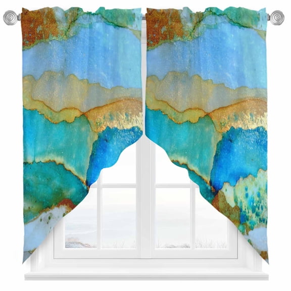 Teal Waves Swag Kitchen Curtain Valances, Retro Abstract Watercolor Green Blue Gold Lines Rod Pocket Curtains Window Treatment Decor Valances for Bedroom Bathroom, 2 Panels 36 x 36 Inch