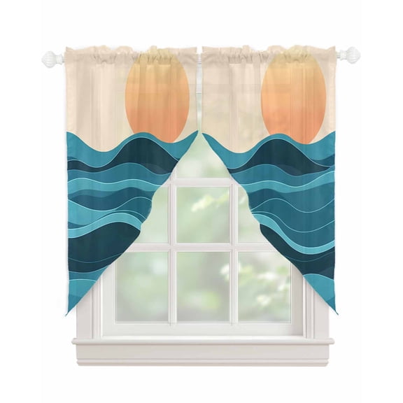 Teal Waves Swag Valances for Windows, Watercolor Sun Turquoise Ombre Rod Pocket Sheer Valances for Large Windows, Swag Toppers Light Filtering for Kitchen Living Room 2 Panels 36''x63''