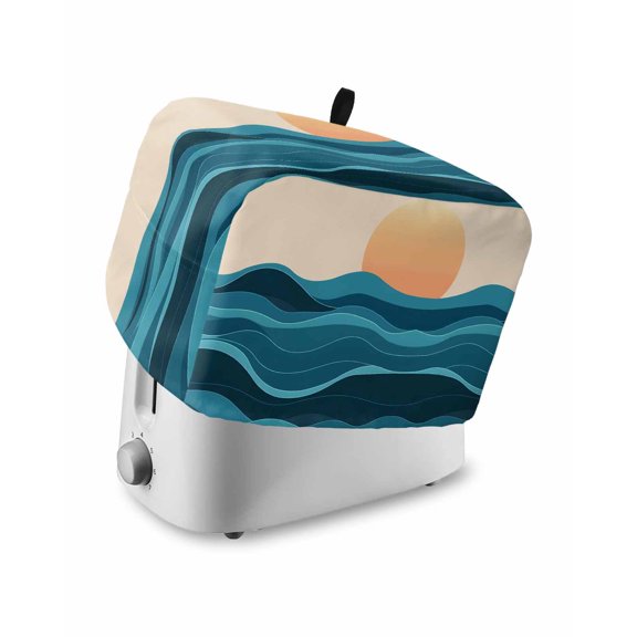 Teal Waves Toaster Cover 2 Slice, Watercolor Sun Turquoise Ombre Dustproof Bread Machine Oven Cover with Storage Pockets, Fits Most Kitchen Toasters Protector