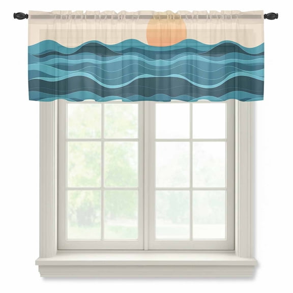 Teal Waves Valance Curtains for Kitchen/Living Room/Bathroom/Bedroom Window, Rod Pocket Small Topper Half Short Window Curtains Voile Sheer Scarf, Watercolor Sun Turquoise Ombre 54"x18"