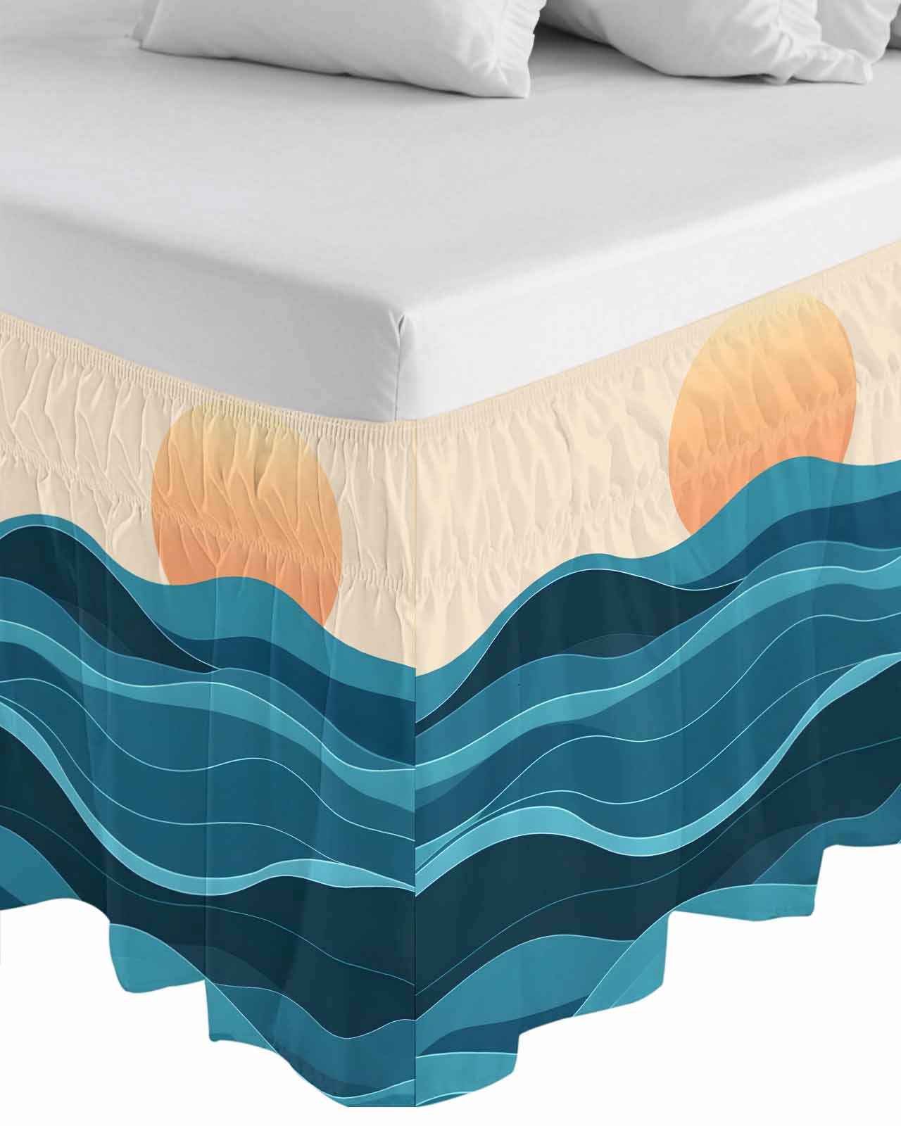 Teal Waves Wrap Around Bed Skirts for Queen Bed 18" Drop, Bed Skirt with Adjustable Elastic Belt Dust Ruffle Bed Valance for Bedroom Hotel Luxury Watercolor Sun Turquoise Ombre Bed Frame Cover