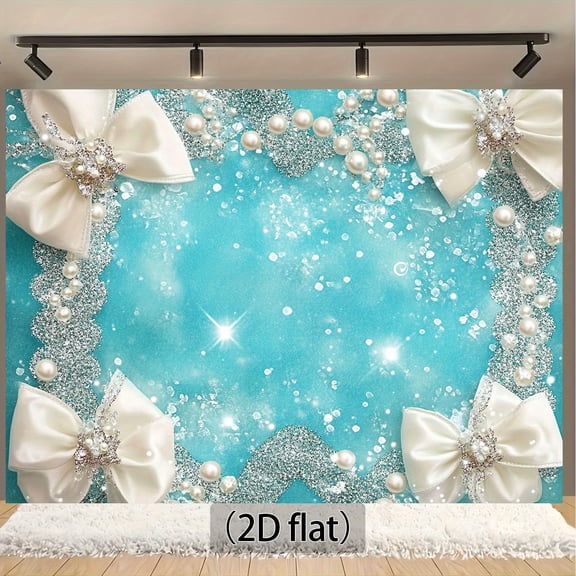 Teal Wedding Backdrop Elegant White Bow Bridal Shower Photography Background Sparkling Crystals Glitter Pearl Engagement Party Decorations Banner Supplies Photo Booth Props