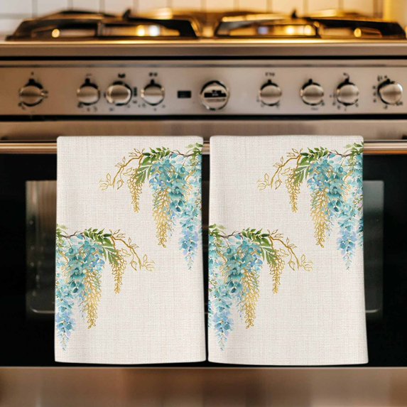 Teal Weeping Floral Kitchen Towels Set of 4, Spring Summer Pastoral Flowers Rustic Absorbent Dish Towels for Kitchen, Microfiber Hand Towel, Quick Drying Tea Towel for Cleaning Decorative Dishcloths