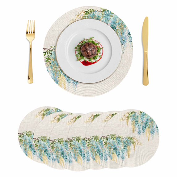 Teal Weeping Floral Round 15 Inch Placemats Set of 6, Spring Summer Pastoral Flowers Rustic HeatResistant Non Slip Place Mats for Dining Table, Wipeable Braided Kitchen Table Mats for Housewarming