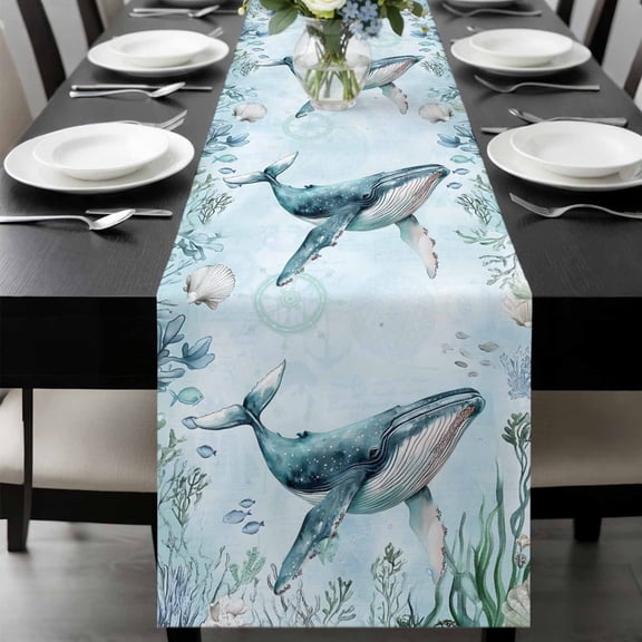 Teal Whale Table Runner, Summer Shell Coral Washable Cotton-linen Table Runners Dining Kitchen Decoration for Everyday Home Wedding Party Decor, 13 x 90 Inch