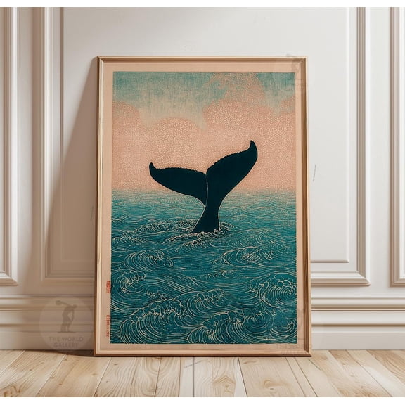 Teal Whale Tail Poster Ocean Wave Wall Art Coastal Home Decor Art, Unframed Poster