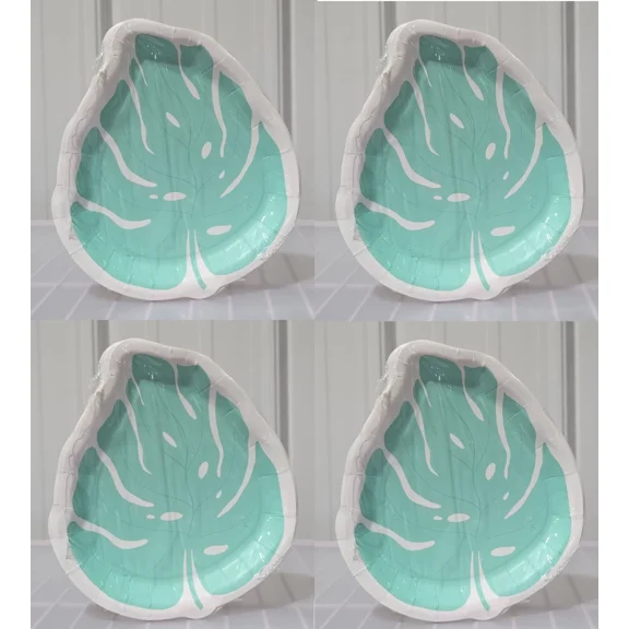 Teal & White 32 Count Leaf Shaped Fall Themed Party Plates 6.5" X 7.5"
