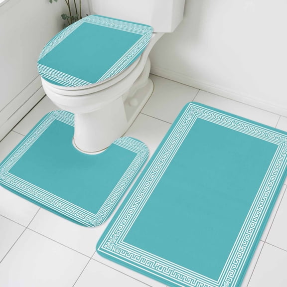 Teal White Bathroom Rugs Set Simplistic Greek Inspired Abstract Geometric Art Non Slip Absorbent Soft Bath Mats 3 Piece Set with Bathroom Rug, U-Shaped Floor Mat, Toilet Seat Cover Small Size