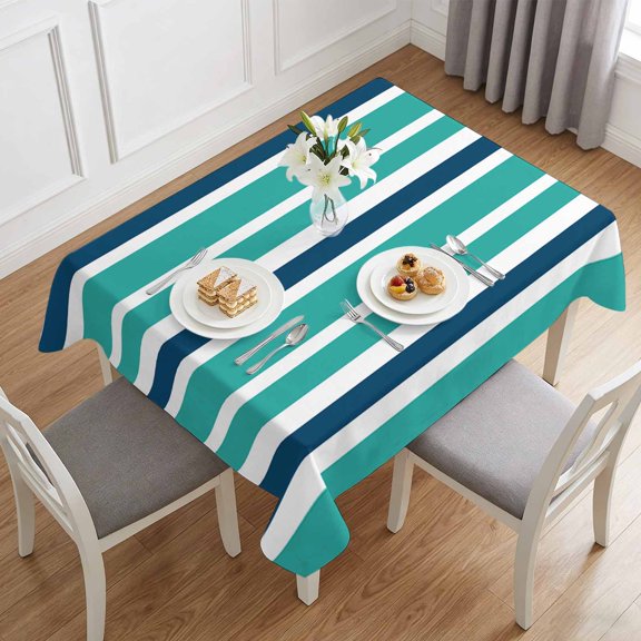 Teal White Blue Stripes Table Cloth 60x84in, Waterproof Rectangle Tablecloth Wipeable Tablecloths Nautical Army Style Table Covers for Dining Tables Party Indoor Outdoor