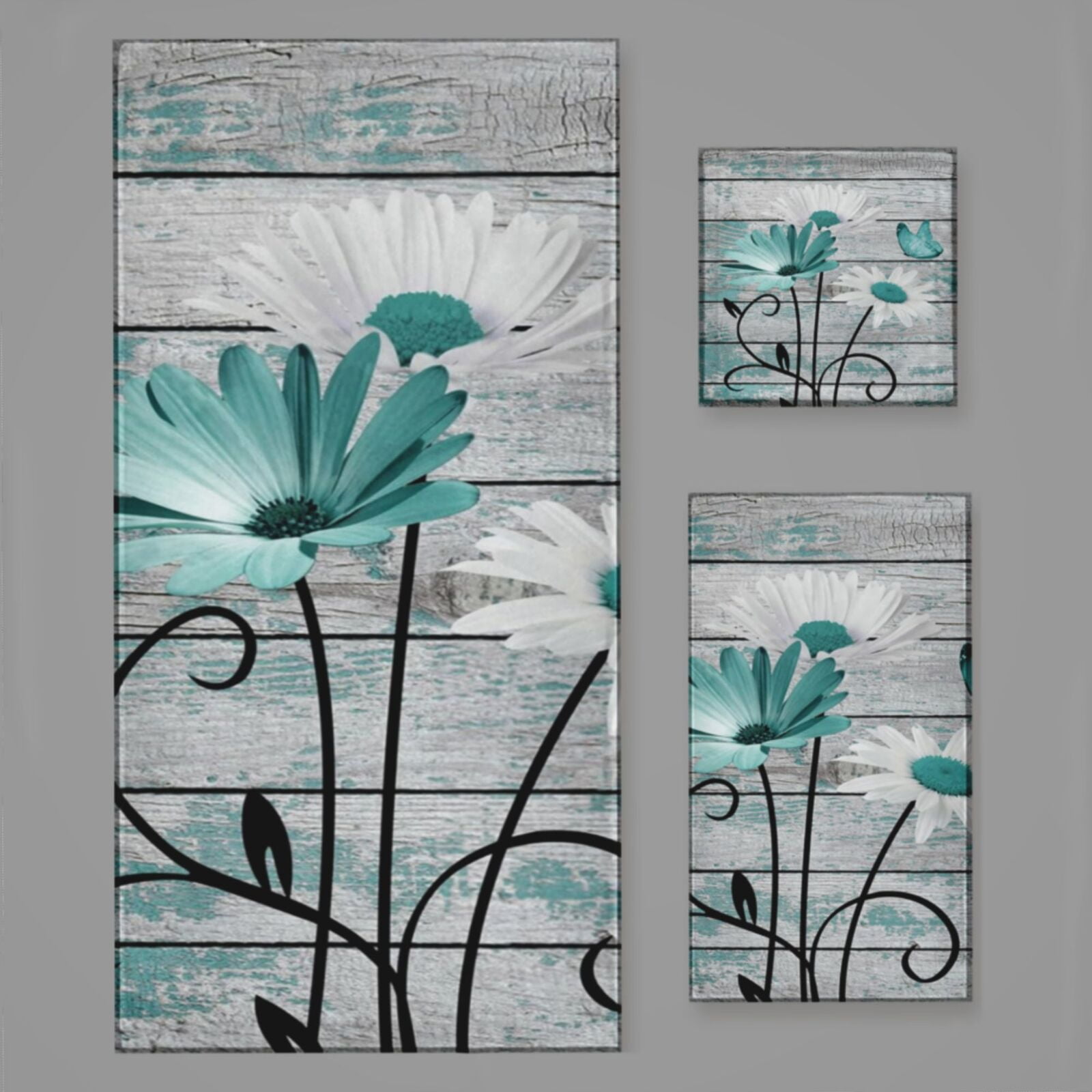 Teal And White Daisy Flower And Butterfly On Rustic Wood Board Bath Towel Sets For Bathroom Hand Towels Fingertip Towels 3 Piece Soft Absorbent For Bathroom Kitchen Hotel Beach