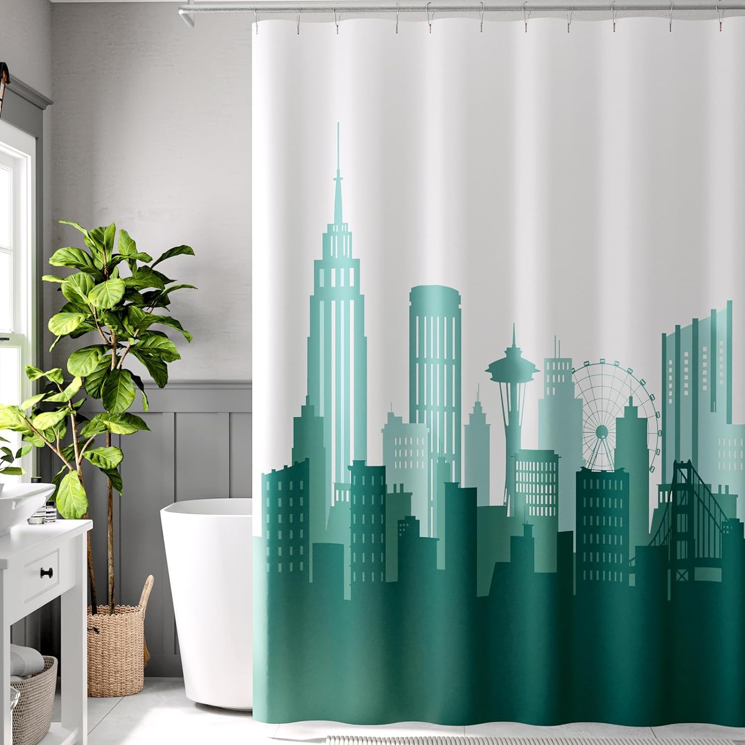 Teal and White Fabric Shower Curtain, City Skyline Printed Shower Curtain  for Bathroom, Modern Luxury Waterproof Ombre Cityscape Shower Curtain Set  with Hooks, Machine Washable 72x72 Inches - Walmart.com, image size:1500x1500