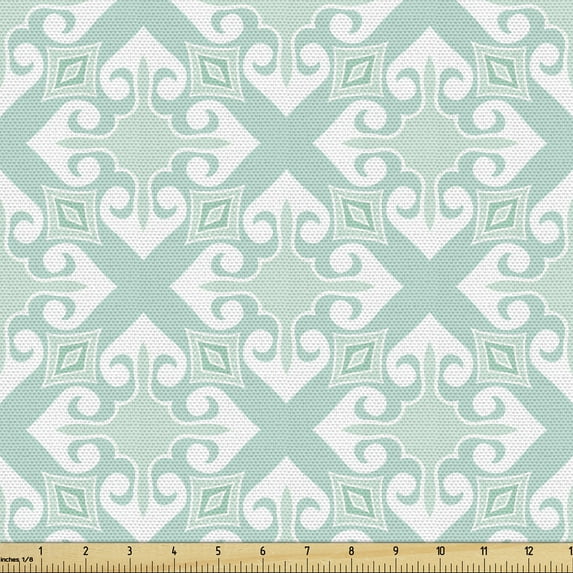 Ambesonne Teal and White Fabric by the Yard Upholstery, Mosaic Floral Detail, 1 Yard, Mint Green White