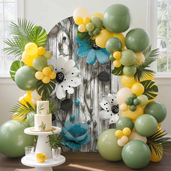 Teal White Floral Arch Backdrop Cover, 4FT, Country Wildflower Leaf Pebbles Wood Grain Spandex Arch Covers Double-Sided Backdrop for Wedding Birthday Party Photo Background Decoration