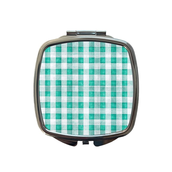 Teal White Gingham Watercolor Travel Makeup Handbag Purse Small Pocket Compact Mirror