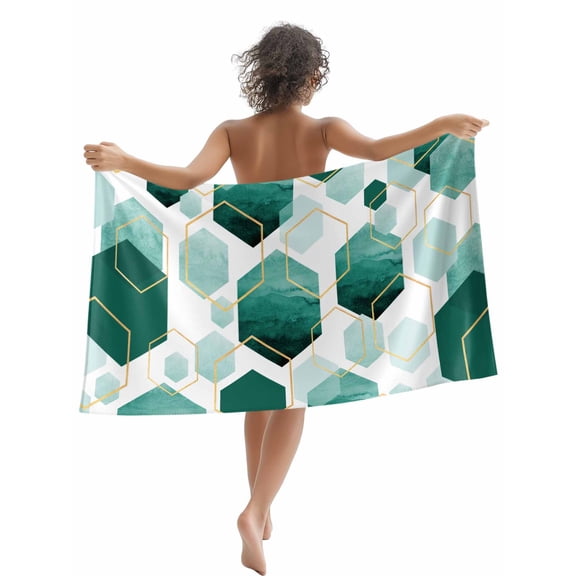 Teal White Gold Geometric Beach Towels Blanket Soft & Absorbent Quick Dry Microfiber Modern Abstract Hexagon Pattern Pool Towels for Swimming ,Yoga, Sports, Gym, Camping,Large 30X60in,