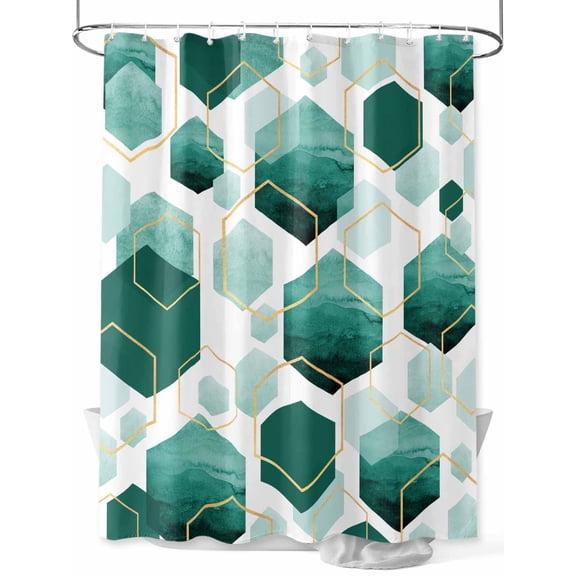 Teal White Gold Geometric Shower Curtain, Modern Abstract Hexagon Pattern Bathroom Decor Curtains Set with Hooks, Waterproof Fabric Home Accessories, 72 X 72 Inch Long