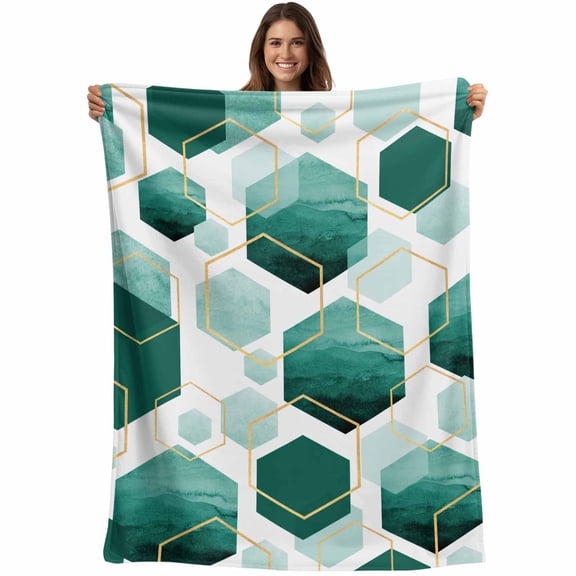 Teal White Gold Geometric Throw Blankets, Modern Abstract Hexagon Pattern Soft Fleece Blanket Decorative for Home Sofa Couch Chair Living Bedroom, 30x40 Inches,