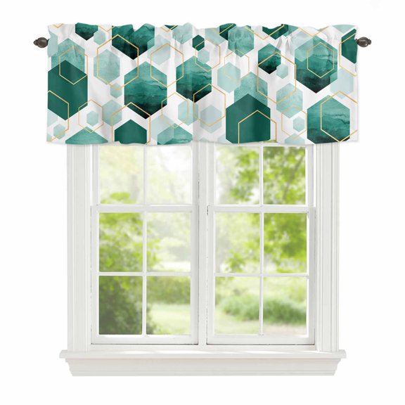 Teal White Gold Geometric Window Valance Curtain Modern Abstract Hexagon Pattern Rod Pocket Valance for Windows Short Curtain for Living Room, Bedroom & Kitchen Window Decor 42x12in