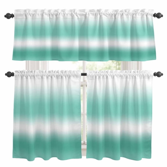 Teal and White Gradient Kitchen Curtains Valances 3 Piece Set, Minimalist Mint Green Ombre Modern Rod Pocket Tier Curtain and Valance Drapes for Small Window 36 Inch Length for Bedroom Cafe