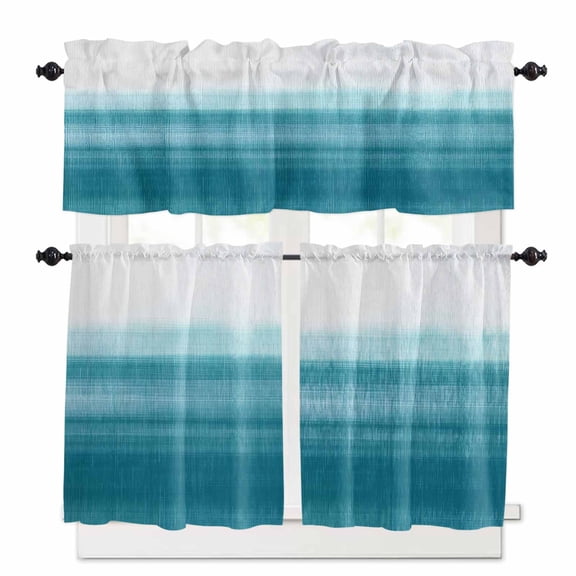 Teal White Gradient Kitchen Curtains and Valances Set, Abstract Ombre Texture Modern Art Rod Pocket Window Valance 18 Inch Window Curtain Panels for Living Room Bedroom Laundry, 27.5x24in, 3 Pieces