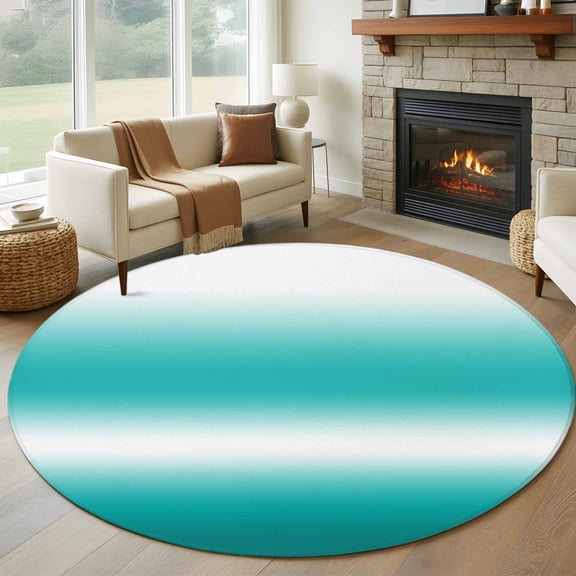 Teal and White Gradient Round Rugs for Living Room 7ft Minimalist Turquoise Ombre Modern Non Slip Circle Rug Washable Low-Profile Indoor Carpet for Bedroom, Dining Room, Bathroom