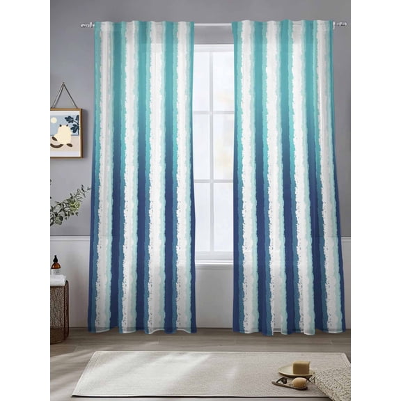 Teal White Gradient Stripes Chiffon Sheer Curtains 84 Inches Long Vertical Striped Rod Pocket Window Curtains Voile Drapes Curtains for Living Room Bedroom,2 Panels