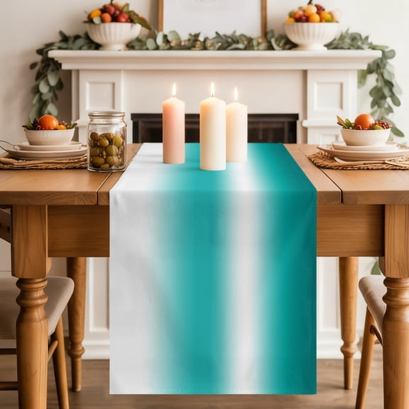 Teal and White Gradient Table Runner, Minimalist Turquoise Ombre Modern Washable Cotton-linen Table Runners Dining Kitchen Decoration for Everyday Home Wedding Party Decor, 13 x 36 Inch
