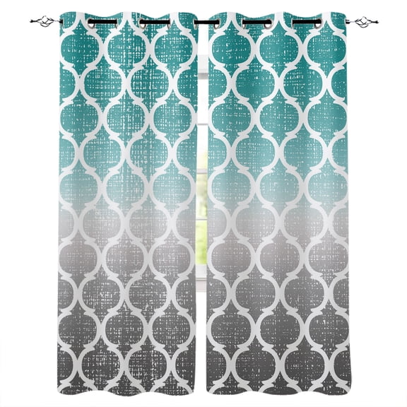 Teal White Grey Ombre Morocco Pattern Blackout Curtains 63 Inches Long for Bedroom,Modern Moroccan Geometric Thermal Insulated Room Darkening Black Out Window Curtain Grommet Living Room Curtains
