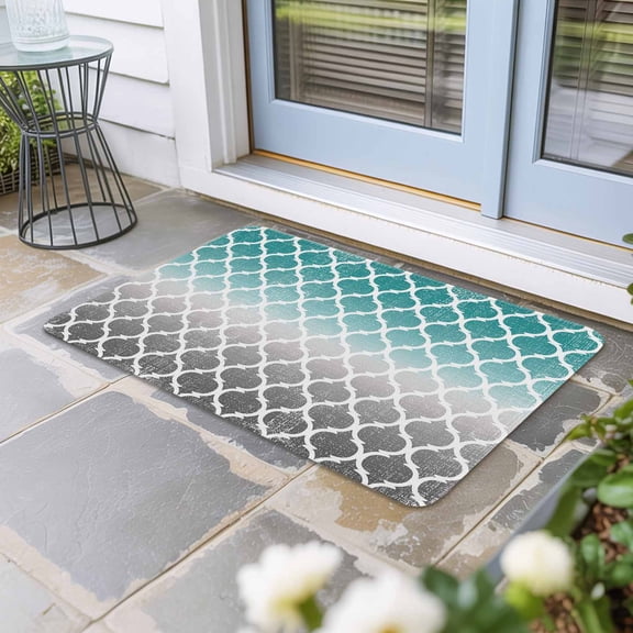 Teal White Grey Ombre Morocco Pattern Door Mat Indoor Outdoor,Modern Moroccan Geometric Non Slip Welcome Mat with Rubber Backing,Absorbent Front Door Mats Entryway Rug for Home Patio Entrance 16"x24"