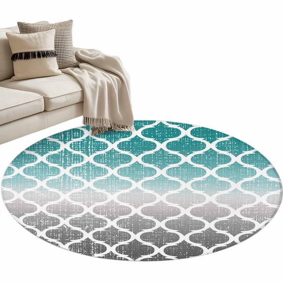 Teal White Grey Ombre Morocco Pattern Large Area Rugs for Bedroom Living Room, Soft Non Slip Carpet Bedside Rug, Modern Moroccan Geometric Round Floor Cover Kitchen Accent Rug 4' for Office