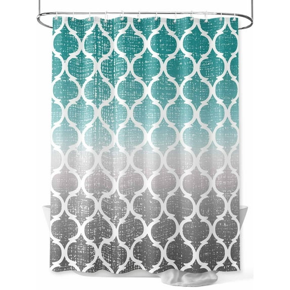 Teal White Grey Ombre Morocco Pattern Shower Curtain Set, Waterproof Shower Curtains for Bathroom, Modern Moroccan Geometric Washable Fabric Cloth Bath Curtain for Bathtub with Hooks 72x78 Inches