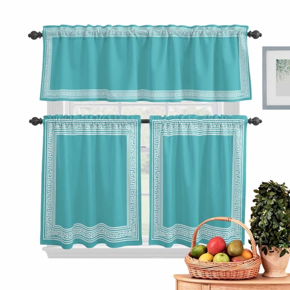 Teal White Kitchen Curtains Valances 3 Piece Set, Simplistic Greek Inspired Abstract Geometric Art Rod Pocket Tier Curtain and Valance Drapes for Small Window 24 Inch Length for Bedroom Cafe