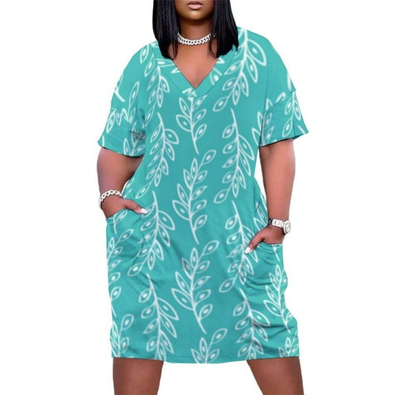Teal White Leaf Pattern Repeat Summer Sundress for Curve Women Casual Pattern Plus Size V Neck Short Sleeve Loose Fit Oversize Dresses