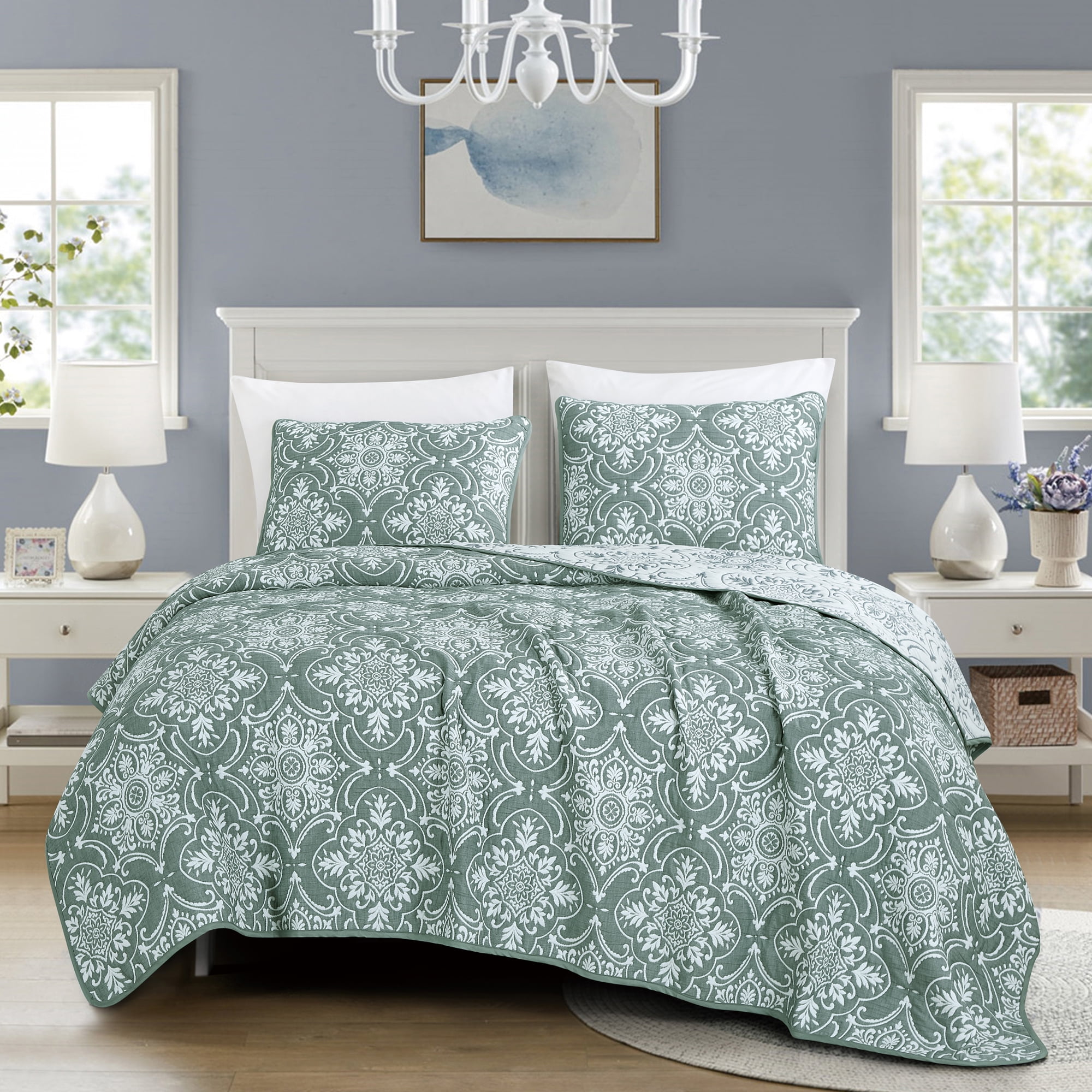 Teal & White Medallion Pattern 3-Piece Reversible Cotton Matelasse Bedspread Set，Queen