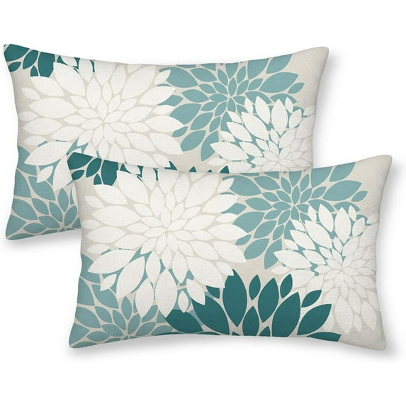 Teal White Pillow Covers 12x20 Inch Set of 2 Turquoise Colored Dahlia Floral Decor Throw Pillows Summer Modern Geometry Flower Outdoor Decorative Cushion Cases for Sofa Couch Bed Decoration