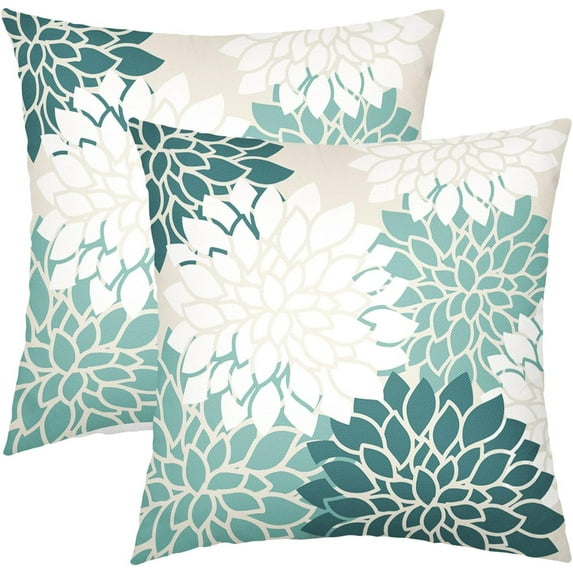 Teal White Pillow Covers 20x20 Inch Set of 2 Dahlia Floral Decorative Throw Pillows For Couch Geometry Flowers Modern Pillow Cases Farmhouse Decor For Sofa Couch Porch Patio Living Room Outdoor
