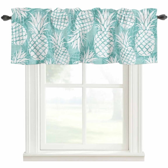 Teal White Pineapple Rod Pocket Curtain Valance, Tropical Summer Botanical Fruits Farmhouse Window Valance for Living Room, Bedroom, Kitchen 42"W x 12"L