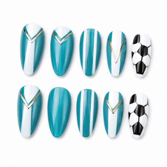 Teal White Press on Nails, Medium Almond Glossy Cat Eye False Nails with Gold Accent, 24 Count