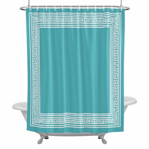Teal White Shower Curtain for Bathroom, Simplistic Greek Inspired Abstract Geometric Art Waterproof Cloth Fabric Bathroom Accessories Set with 12 Rust Proof Plastic Hooks, 72"x78"