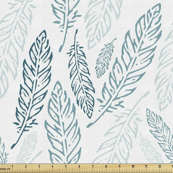 Ambesonne Teal and White Fabric by the Yard Upholstery, Grunge Feathers, 5 Yards, Teal Dark Blue White