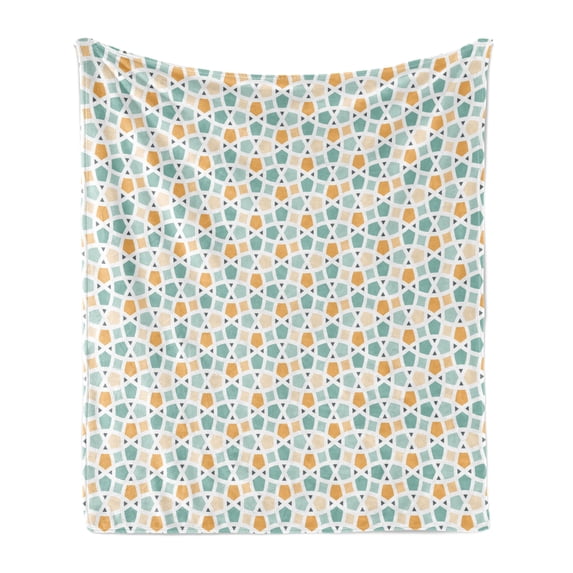 Teal and White Soft Flannel Fleece Throw Blanket, Eastern Old Fashioned Lattice Tangled Lines Classical Mosaic, Cozy Plush for Indoor and Outdoor Use, 70" x 90", Turquoise Orange White, by Ambesonne