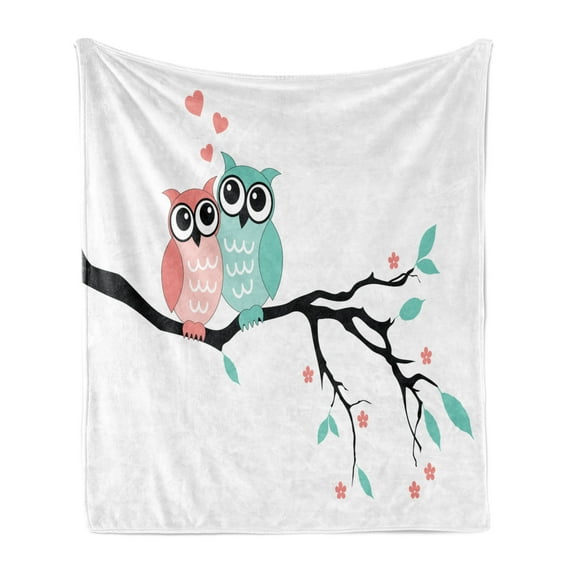 Teal and White Soft Flannel Fleece Throw Blanket, Owl Couple Sitting on Tree Branch Valentines Romance Love, Cozy Plush for Indoor and Outdoor Use, 50" x 60", Turquoise Coral Black, by Ambesonne